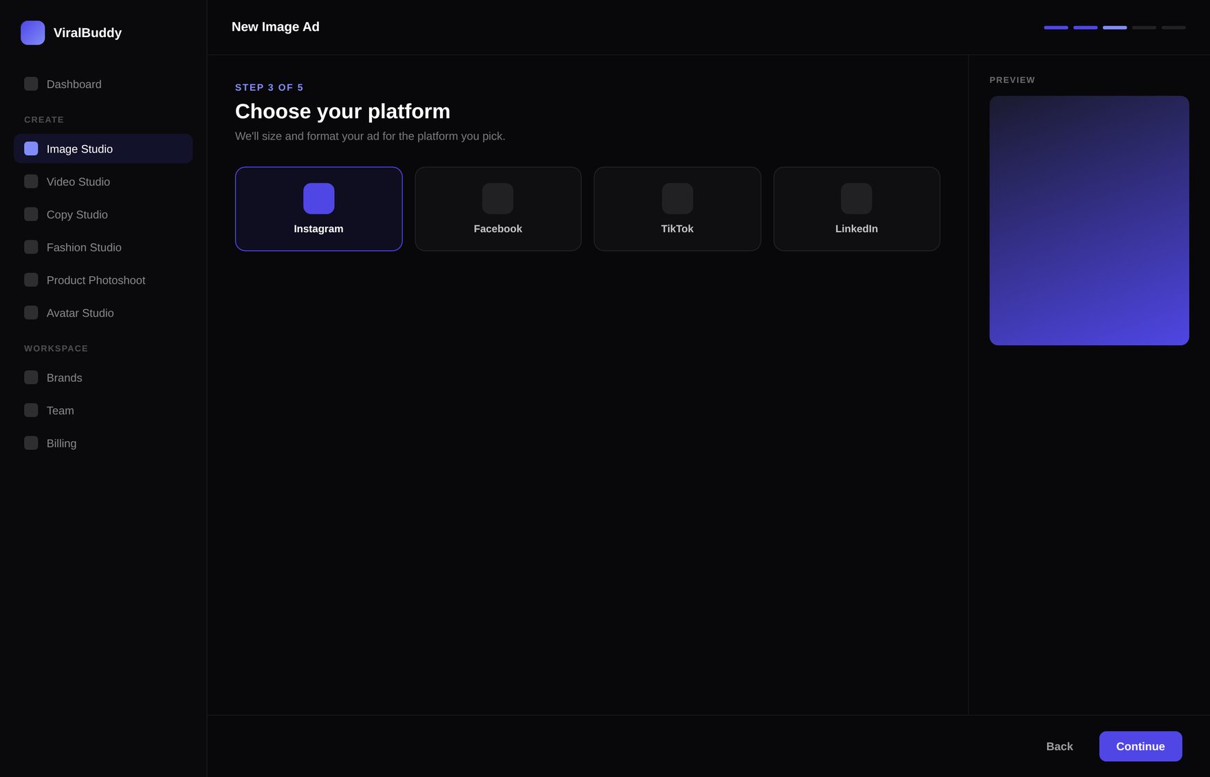 ViralBuddy dashboard — Image Studio ad creation workflow