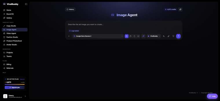 ViralBuddy Image Agent interface showing the prompt box, model selector and locked Brand Kit