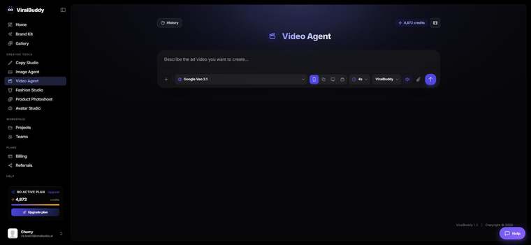 ViralBuddy Video Agent interface showing the prompt box, model selector and aspect-ratio presets